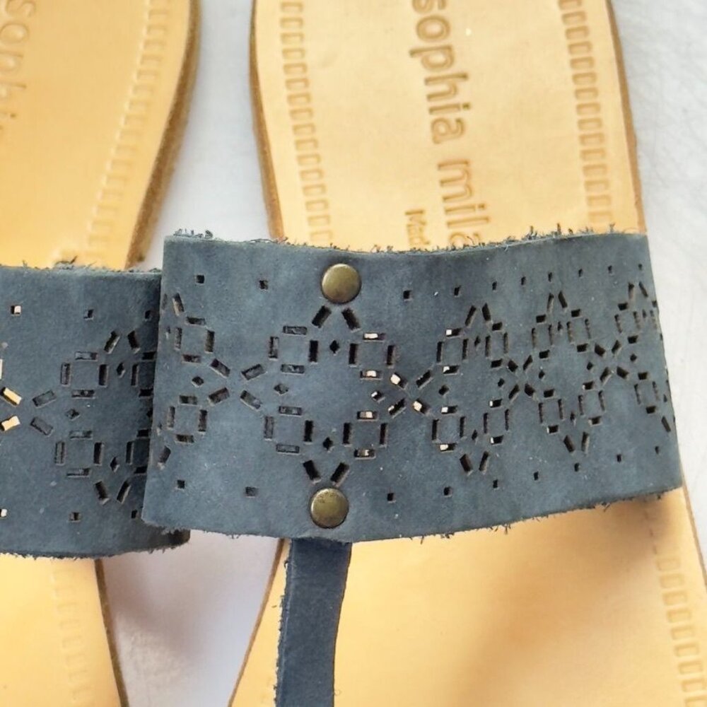 SOPHIA MILANO Women's Shoes Gray Flat Slides Perforated Leather Thongs Size 7.5M - Picture 5 of 15